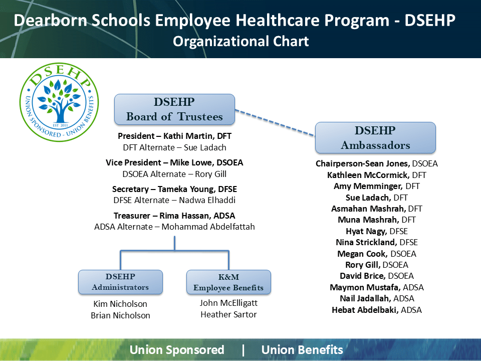 DSEHP organization chart with all member names, blue and green