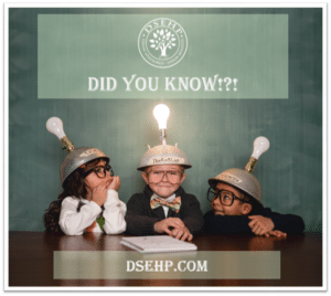 3 cute curious kids with thinking caps made of strainers and lightbulbs sitting at a large desk