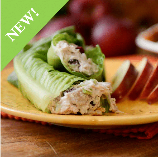 turkey salad wrapped in lettuce on yellow plate with sliced apples with NEW sticker in corner