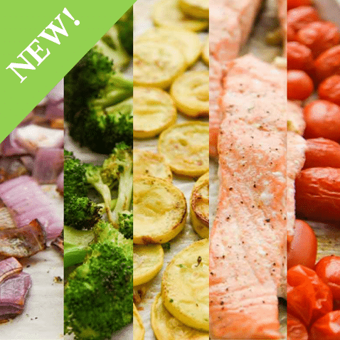 baked red onions, broccoli, yellow zucchini, seasoned salmon and cherry tomatoes on a sheet pan