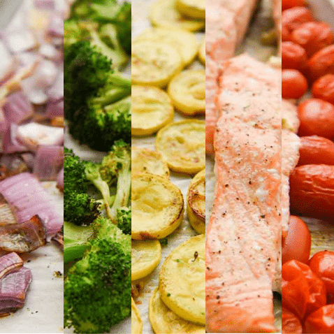 baked red onions, broccoli, yellow zucchini, seasoned salmon and cherry tomatoes on a sheet pan