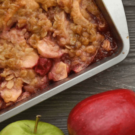 baking dish with apple dessert in it